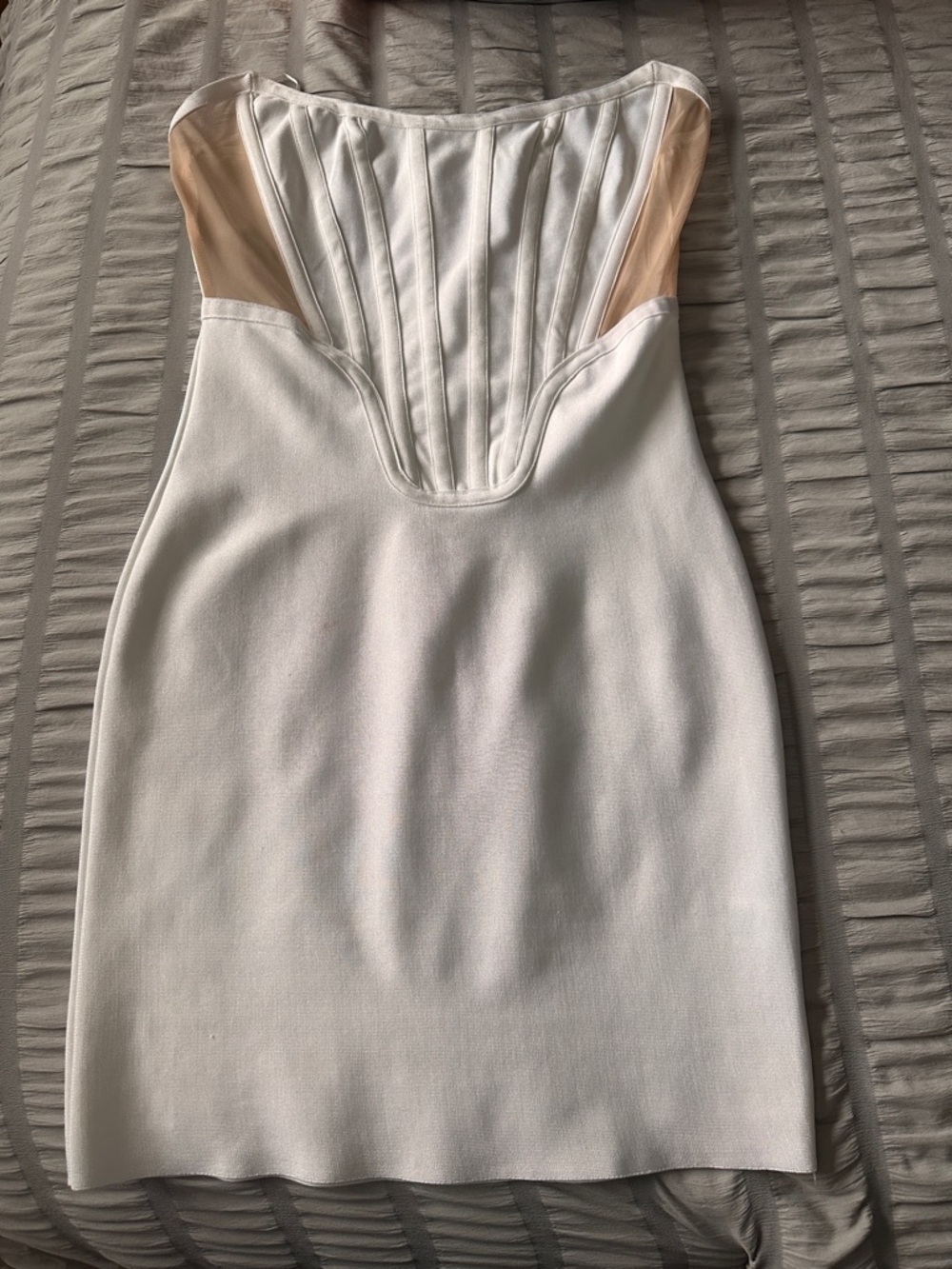 Fashion Nova White Strapless Mini Dress with Nude Insets